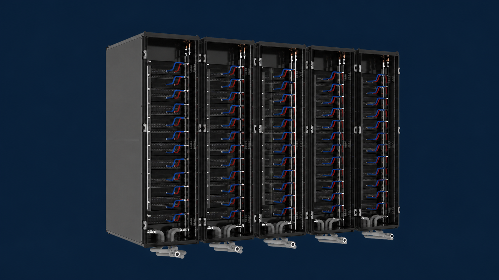 Five populated liquid-cooled racks